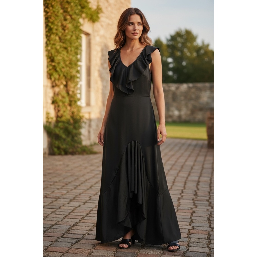 Elegant Black Ruffle V‎ Neck Maxi Dress Flowy Hi Low Hem Occasion Gown Size L